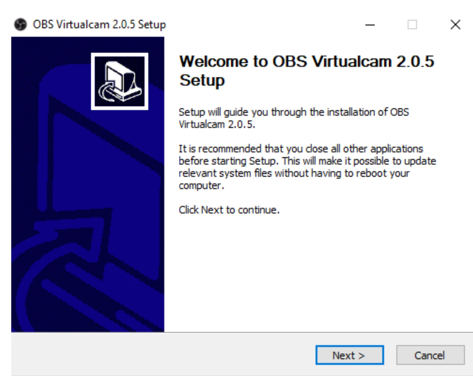 Screenshot OBS Virtual Cam Setup