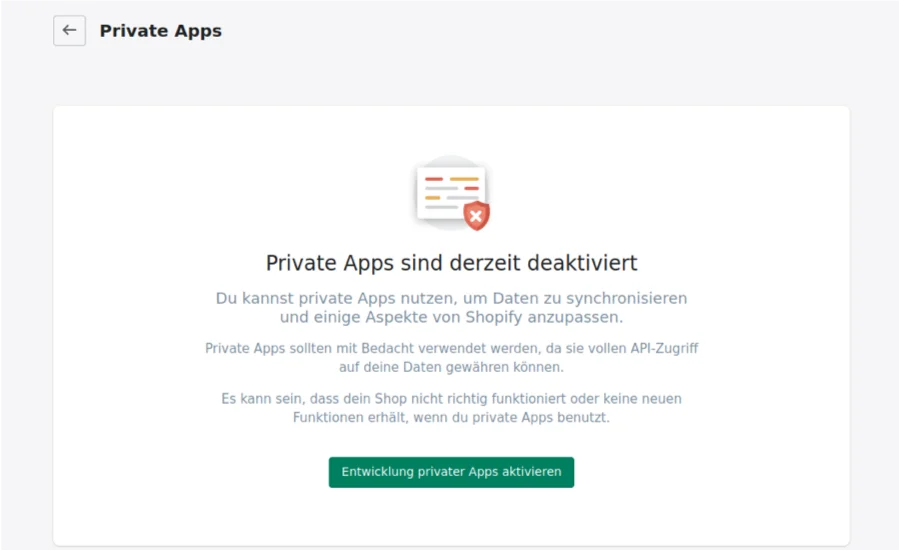 Screenshot Private Apps sind deaktiviert
