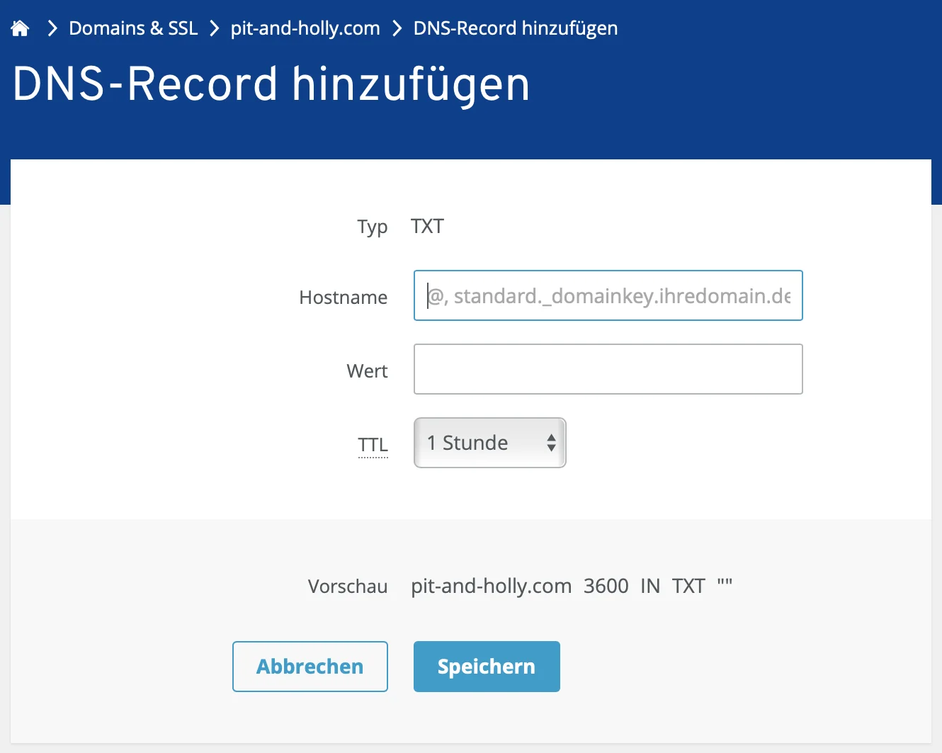 Screenshot DNS-Record hinzufügen unausgefüllt