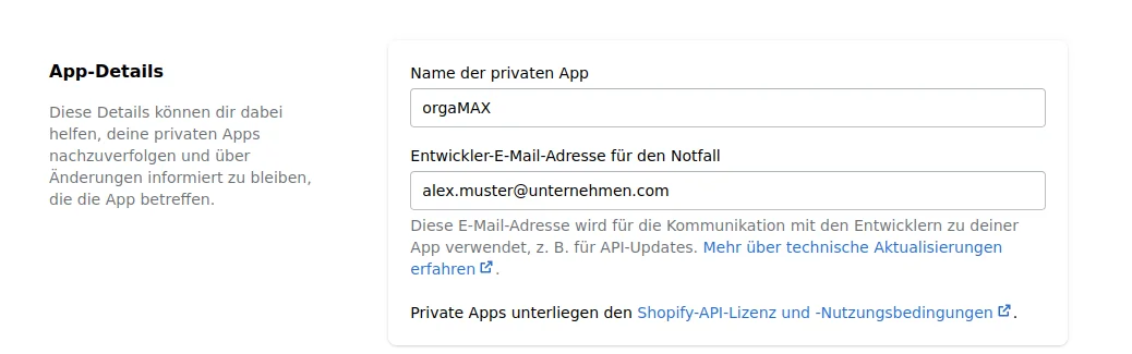 Screenshot Orgamax private App erstellen