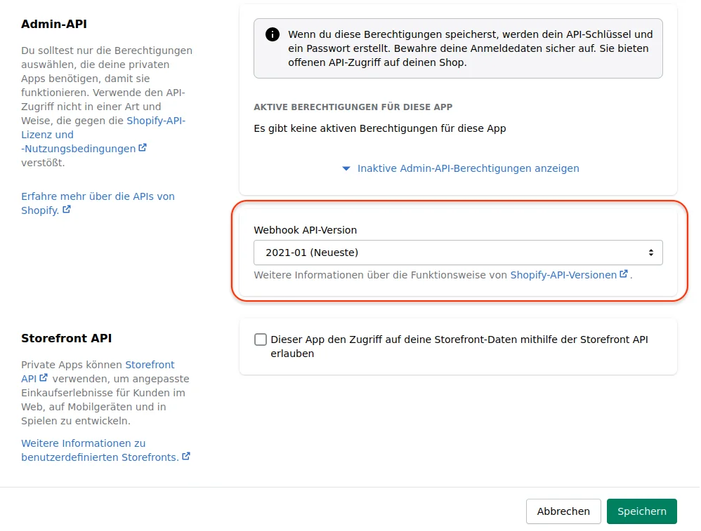 Screenshot Webhook API Version einstellen